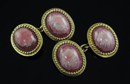 A pair of 18ct gold and cabochon rhodonite oval cufflinks, gross weight 15.3 grams.